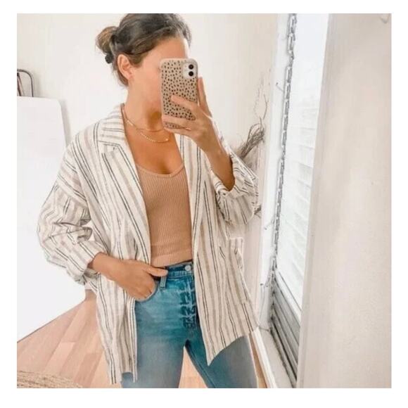 Anthropologie Maeve Danielle Blazer Large Striped Cream - Picture 2 of 12